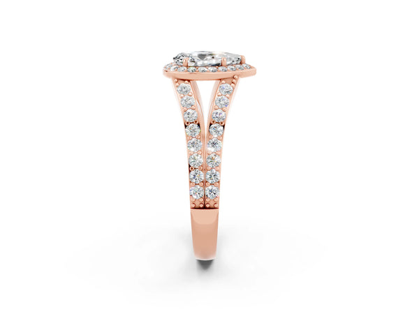 Rose gold Pear Cut Moissanite Split Shank Halo Ring with Four-Prong Setting