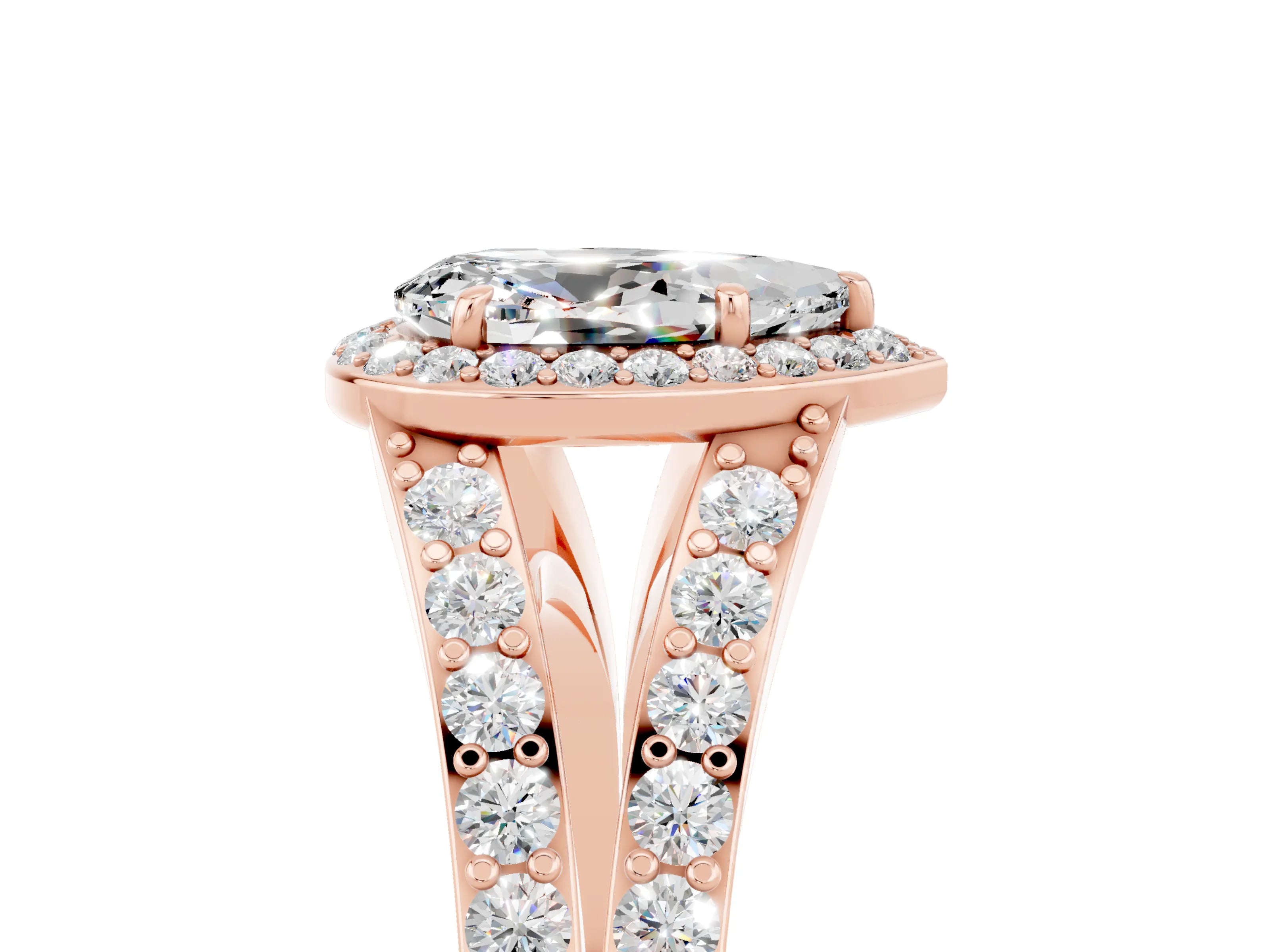 Rose gold Pear Cut Moissanite Split Shank Halo Ring with Four-Prong Setting_17