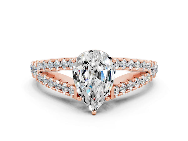 Rose gold Pear Cut Moissanite Split Shank Pavé Engagement Ring with Four-Prong Setting