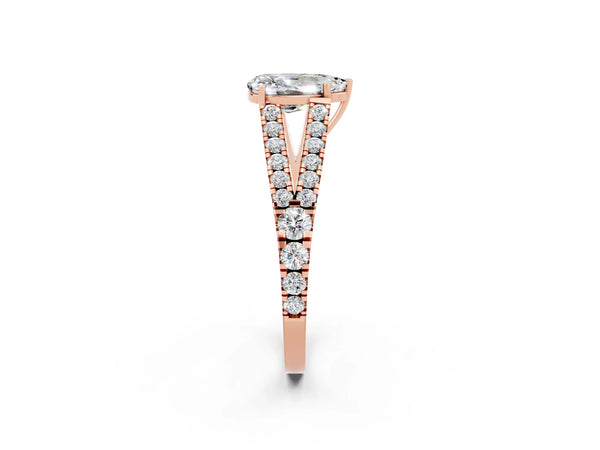 Rose gold Pear Cut Moissanite Split Shank Pavé Engagement Ring with Four-Prong Setting