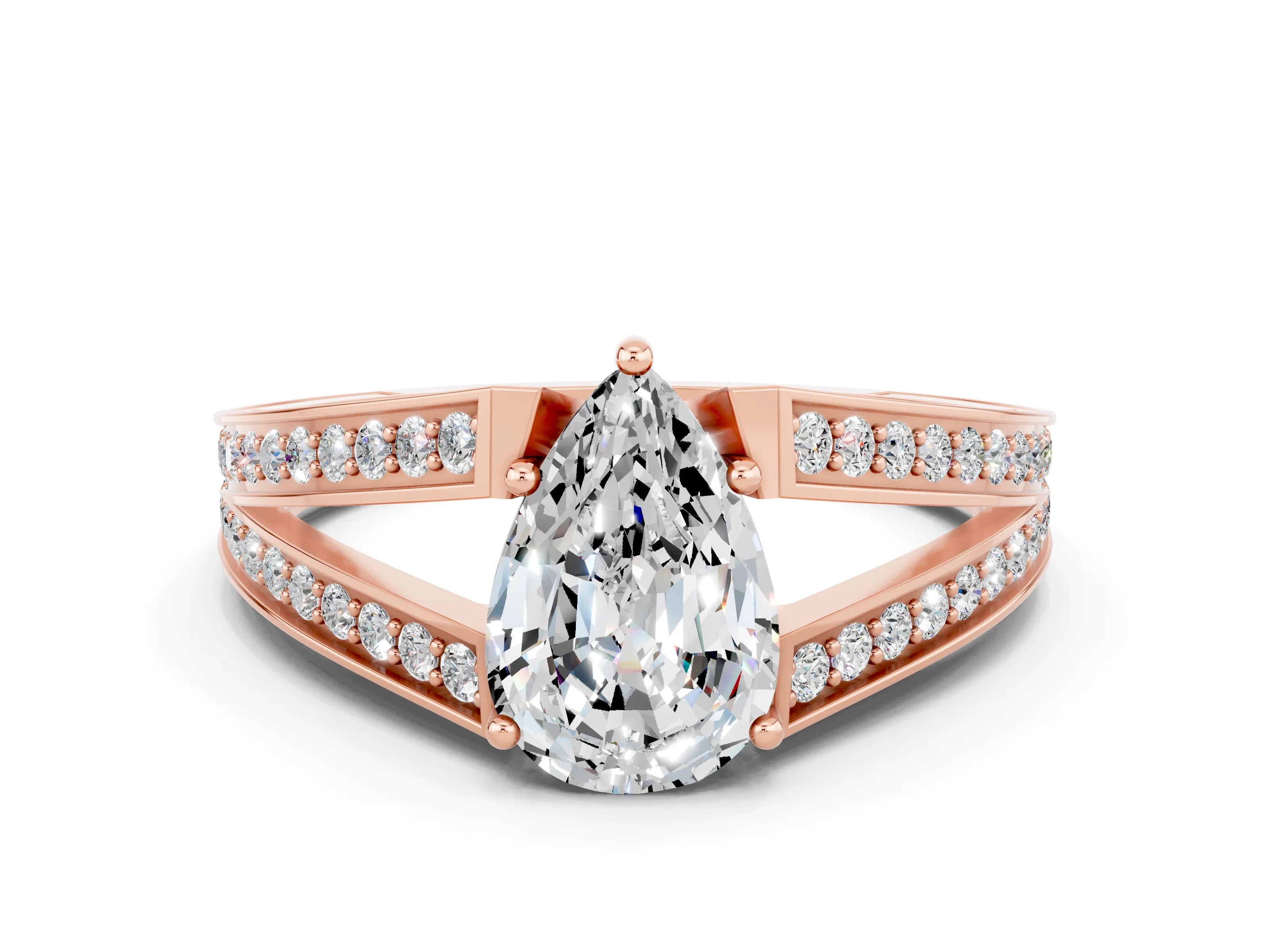 Rose gold Pear Cut Moissanite Split Shank Ring with Pavé Band and Four-Prong Setting