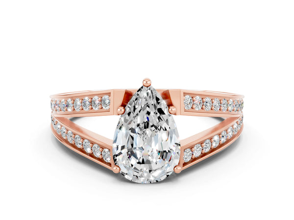 Rose gold Pear Cut Moissanite Split Shank Ring with Pavé Band and Four-Prong Setting