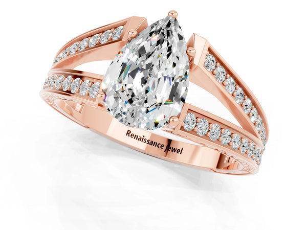 Rose gold Pear Cut Moissanite Split Shank Ring with Pavé Band and Four-Prong Setting