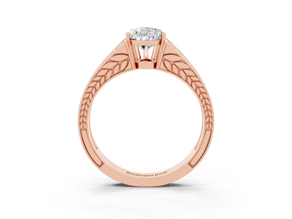 Rose gold Pear Cut Moissanite Split Shank Ring with Pavé Band and Four-Prong Setting