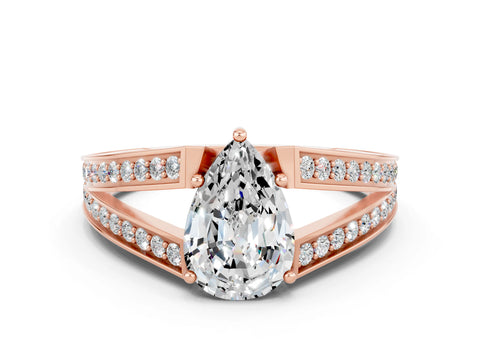 Rose gold Pear Cut Moissanite Split Shank Ring with Pavé Band and Four-Prong Setting