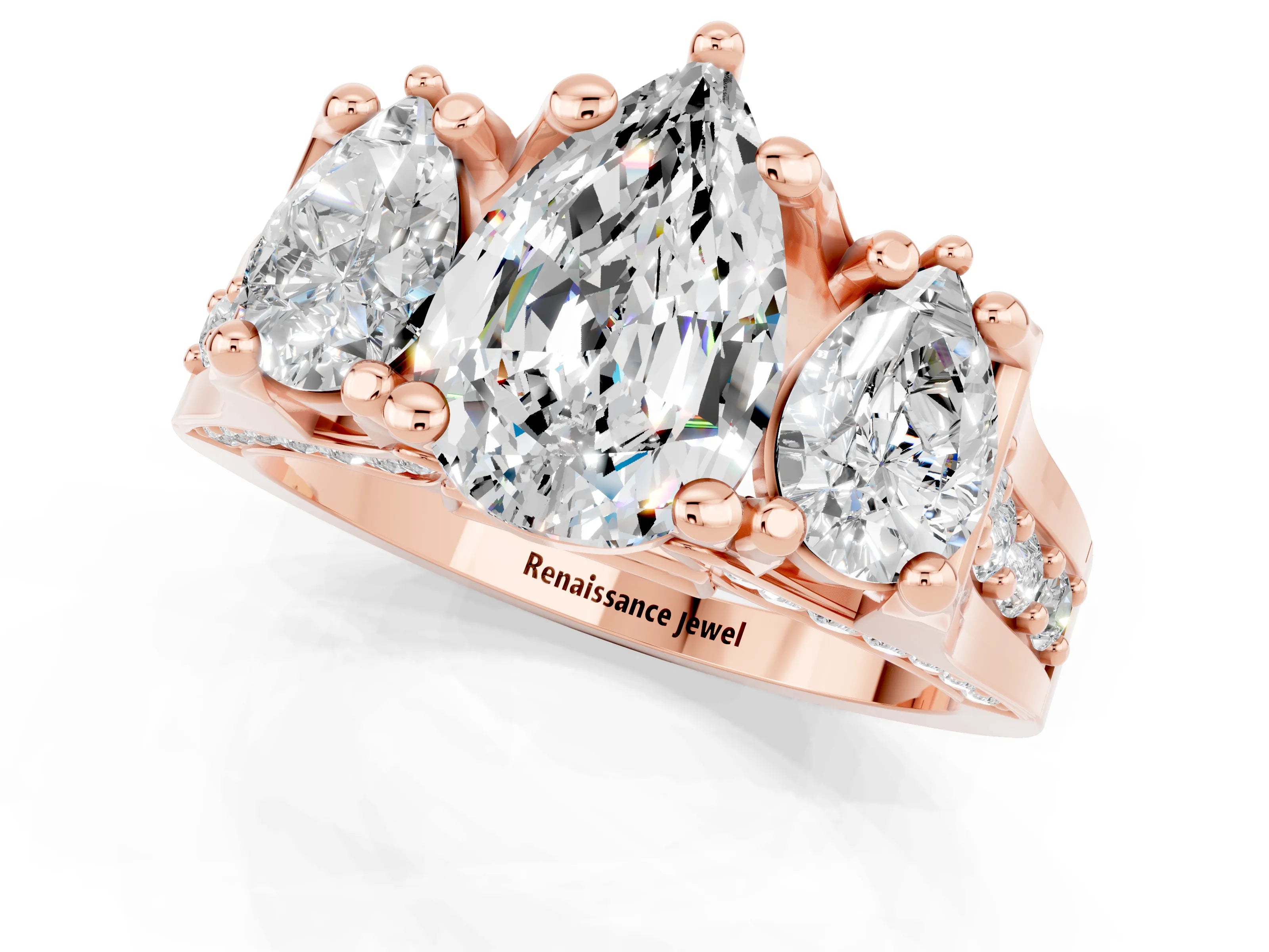 Rose gold Pear Cut Moissanite Three-Stone Ring with Channel Set Band and Four-Prong Setting_1