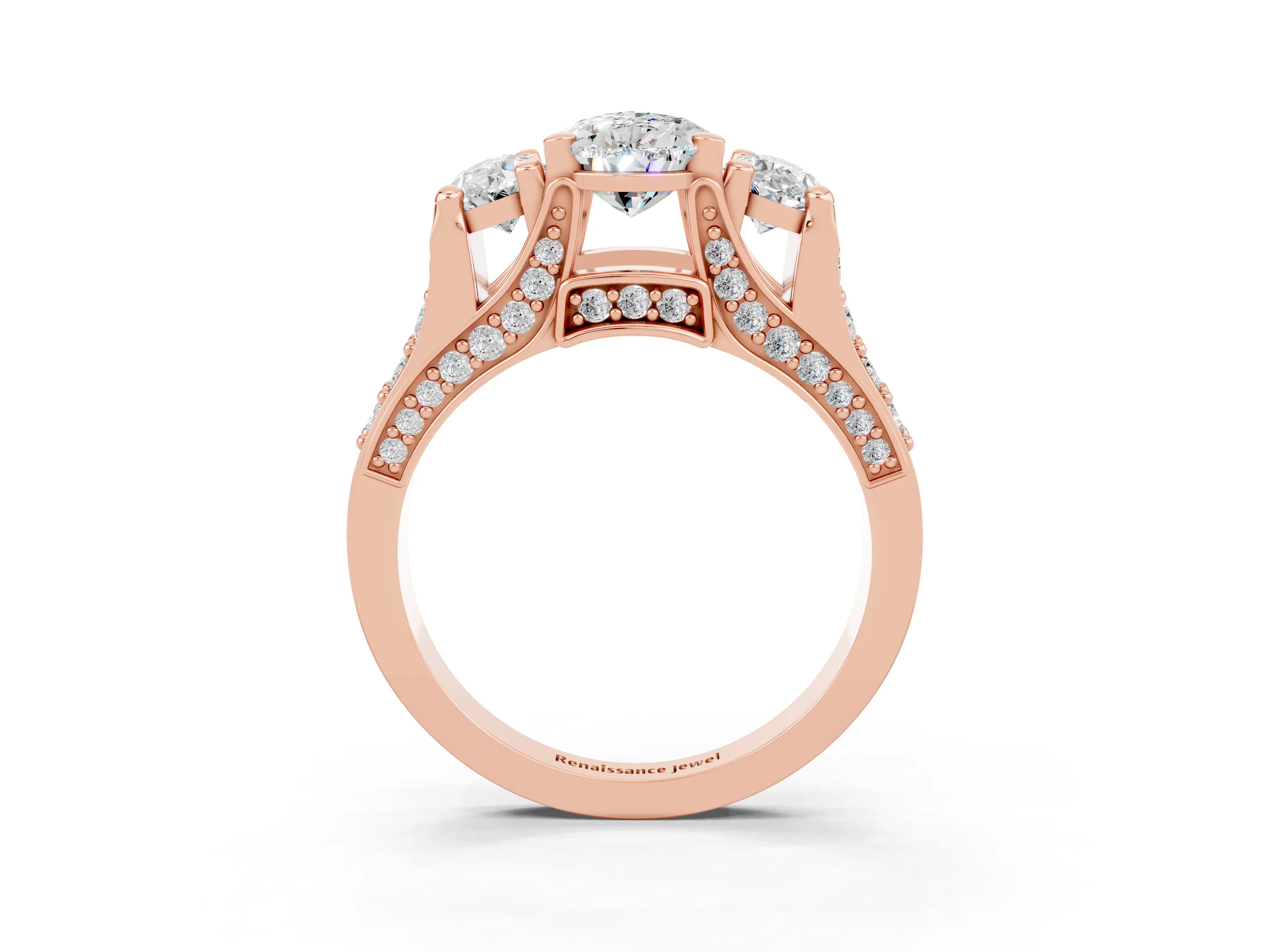 Rose gold Pear Cut Moissanite Three-Stone Ring with Channel Set Band and Four-Prong Setting_3