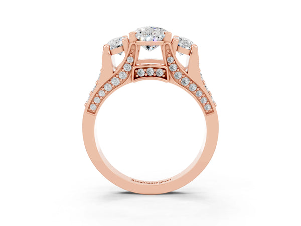 Rose gold Pear Cut Moissanite Three-Stone Ring with Channel Set Band and Four-Prong Setting