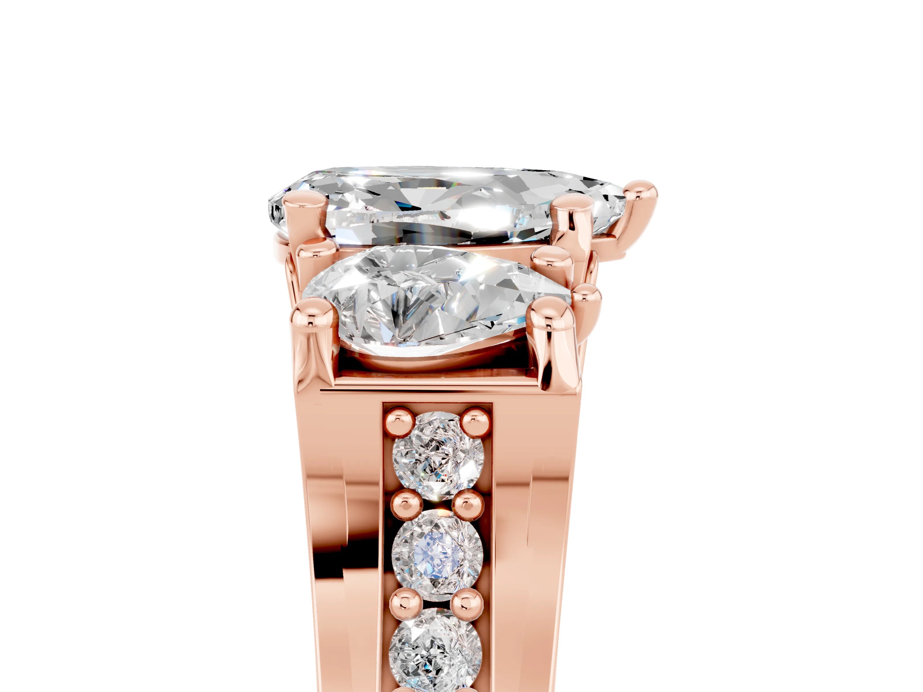 Rose gold Pear Cut Moissanite Three-Stone Ring with Channel Set Band and Four-Prong Setting_5