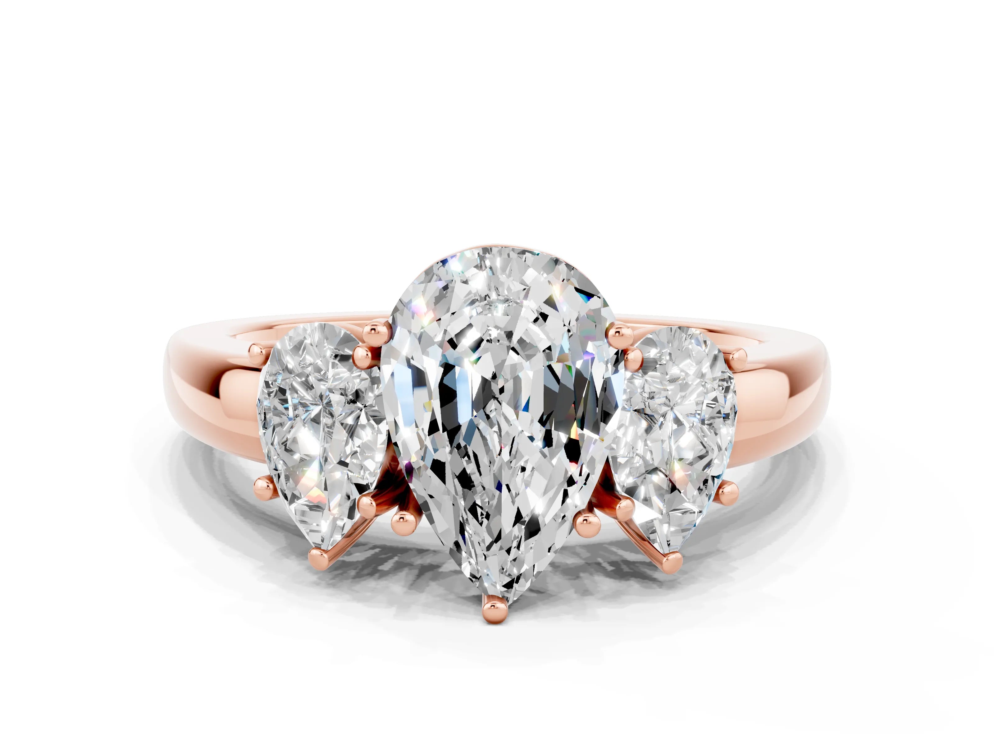 Rose gold Pear Cut Moissanite Three-Stone Ring with Four-Prong Setting and Classic Band