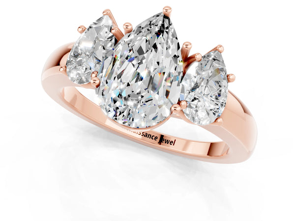 Rose gold Pear Cut Moissanite Three-Stone Ring with Four-Prong Setting and Classic Band