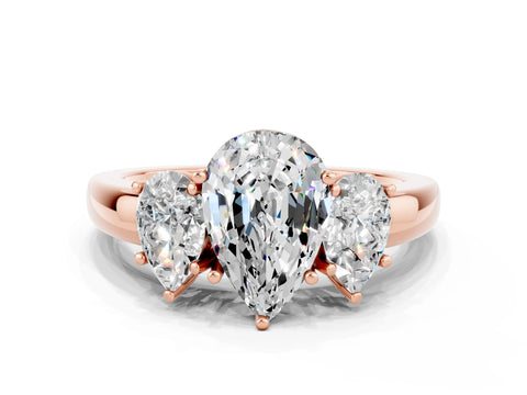 Rose gold Pear Cut Moissanite Three-Stone Ring with Four-Prong Setting and Classic Band