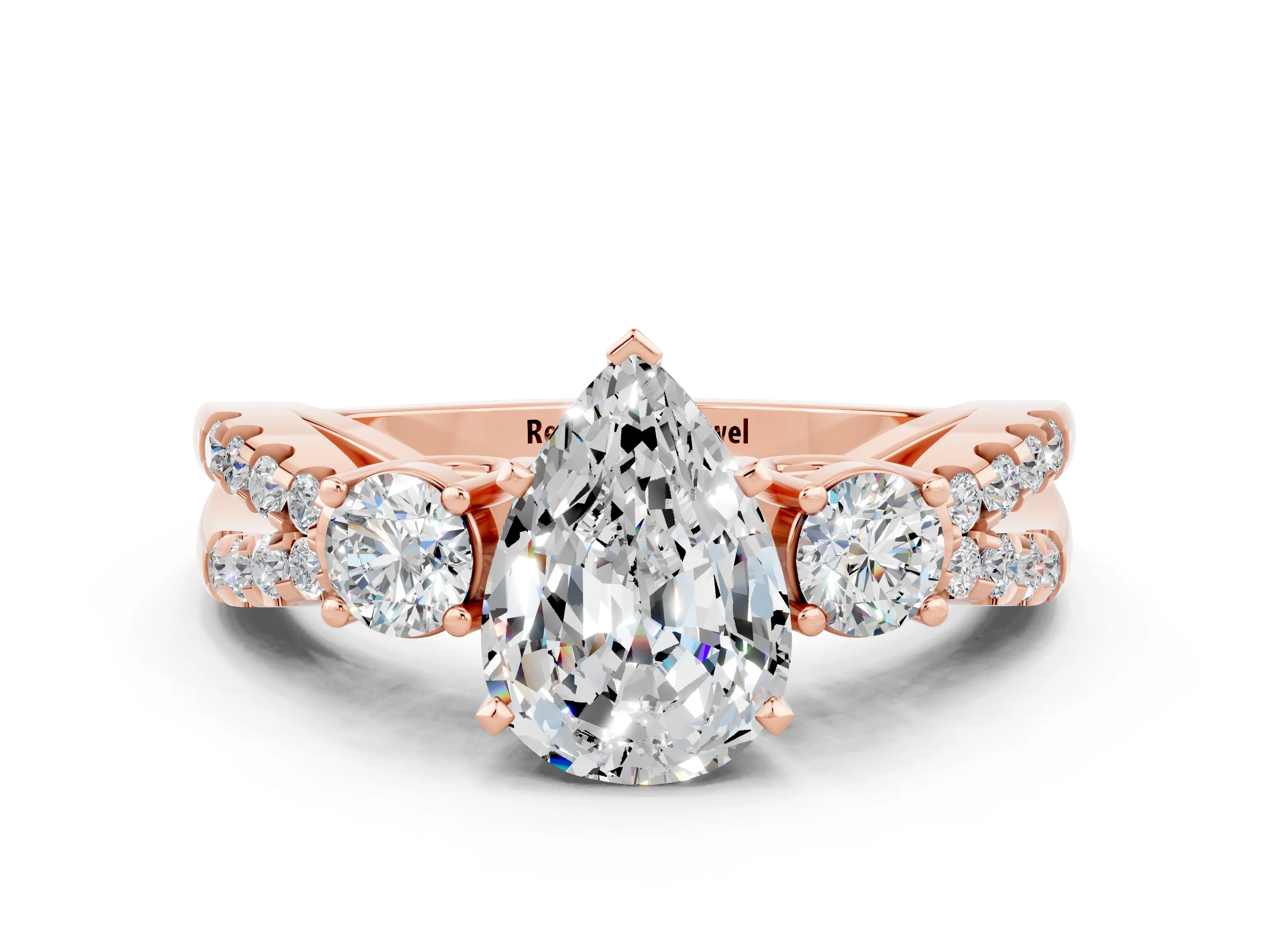 Rose gold Pear Cut Moissanite Three-Stone Ring with Pavé Split Shank and Four-Prong Setting_12
