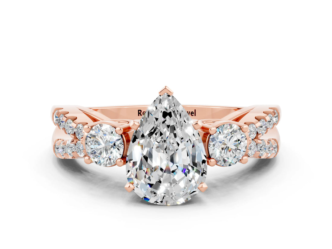 Rose gold Pear Cut Moissanite Three-Stone Ring with Pavé Split Shank and Four-Prong Setting_12