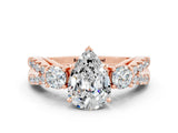 Rose gold Pear Cut Moissanite Three-Stone Ring with Pavé Split Shank and Four-Prong Setting_12