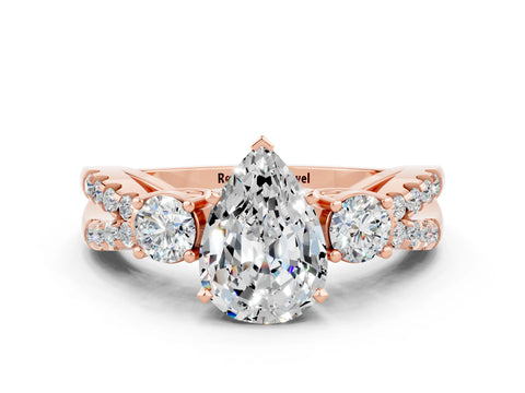 Rose gold Pear Cut Moissanite Three-Stone Ring with Pavé Split Shank and Four-Prong Setting_12