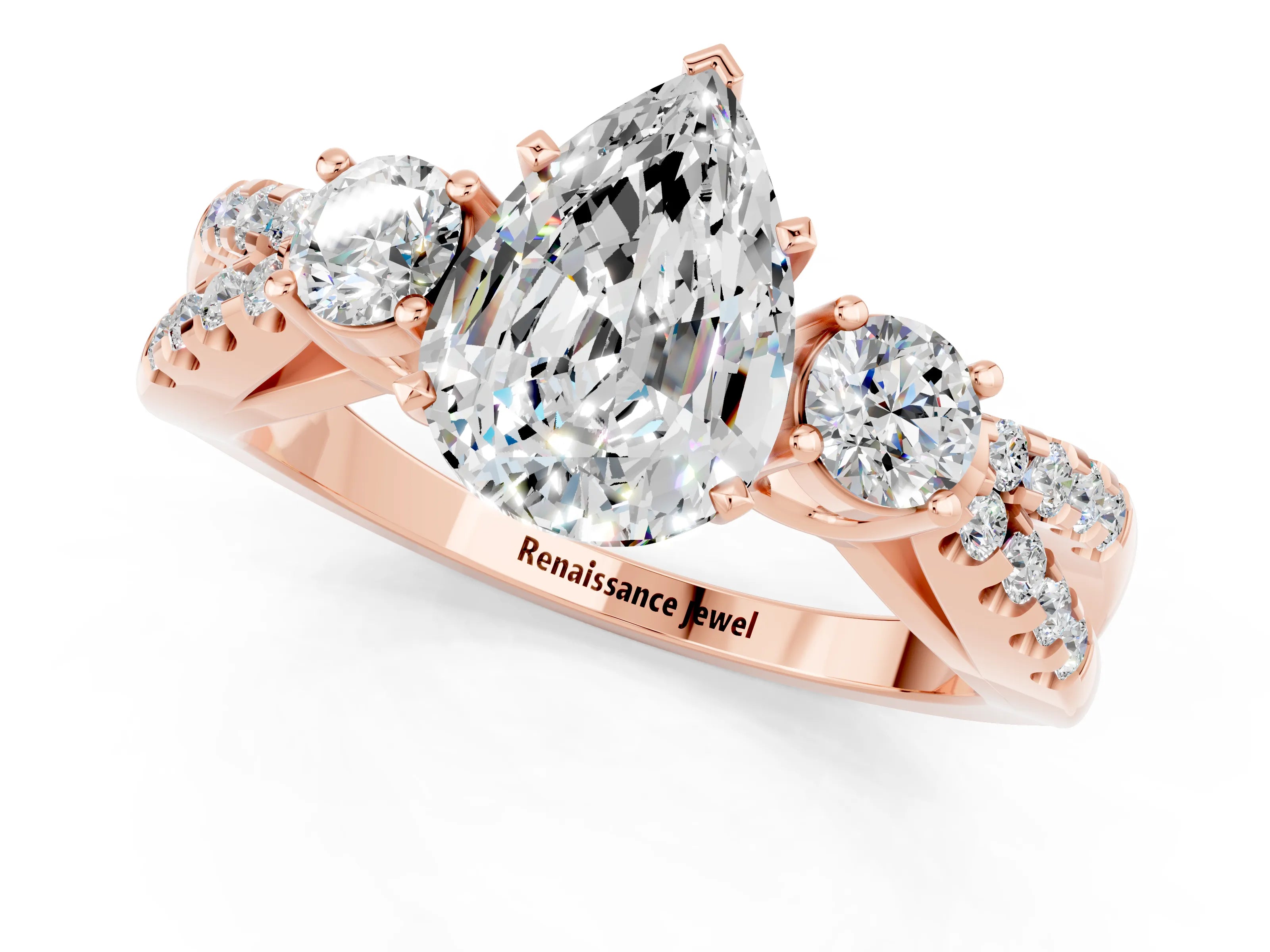 Rose gold Pear Cut Moissanite Three-Stone Ring with Pavé Split Shank and Four-Prong Setting_13