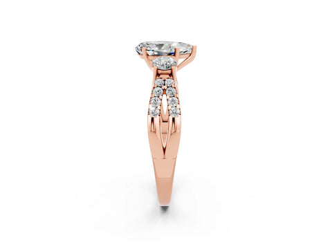 Rose gold Pear Cut Moissanite Three-Stone Ring with Pavé Split Shank and Four-Prong Setting_14