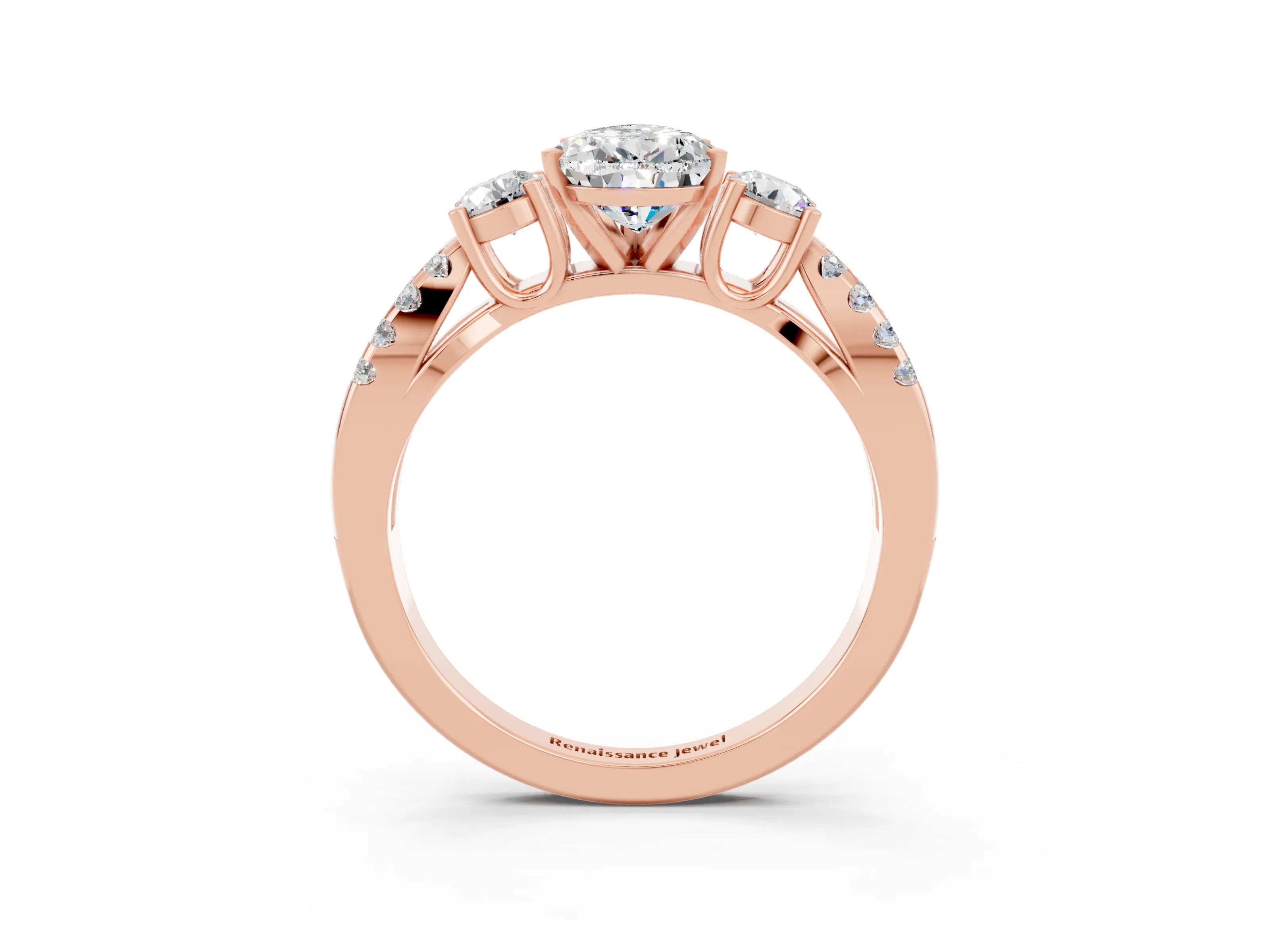 Rose gold Pear Cut Moissanite Three-Stone Ring with Pavé Split Shank and Four-Prong Setting_15
