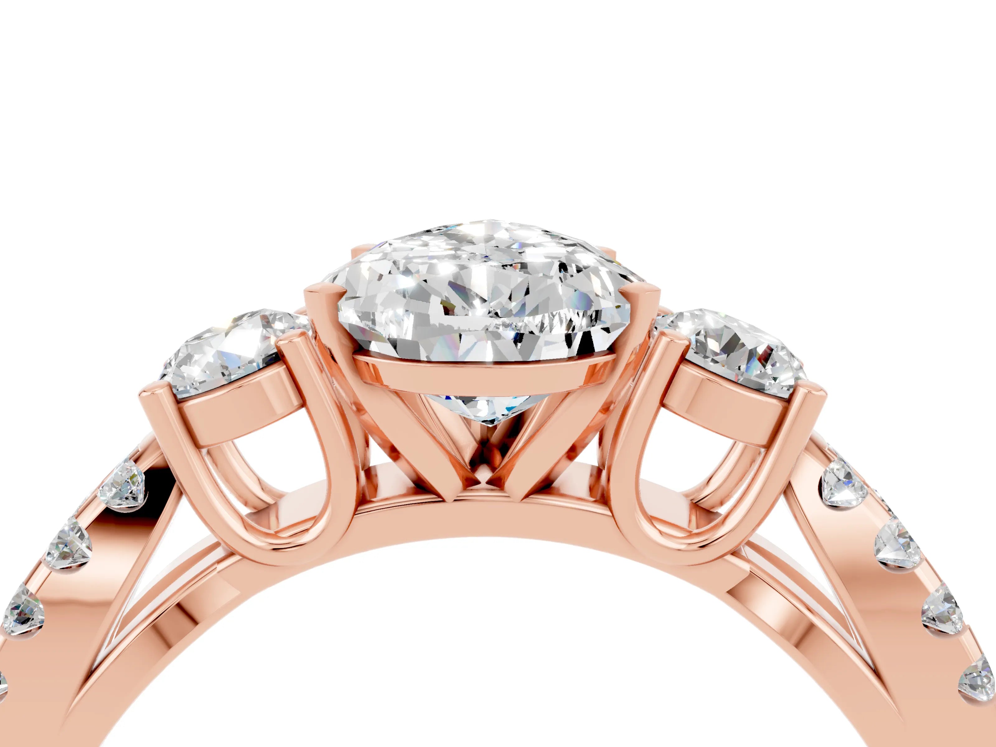 Rose gold Pear Cut Moissanite Three-Stone Ring with Pavé Split Shank and Four-Prong Setting_16