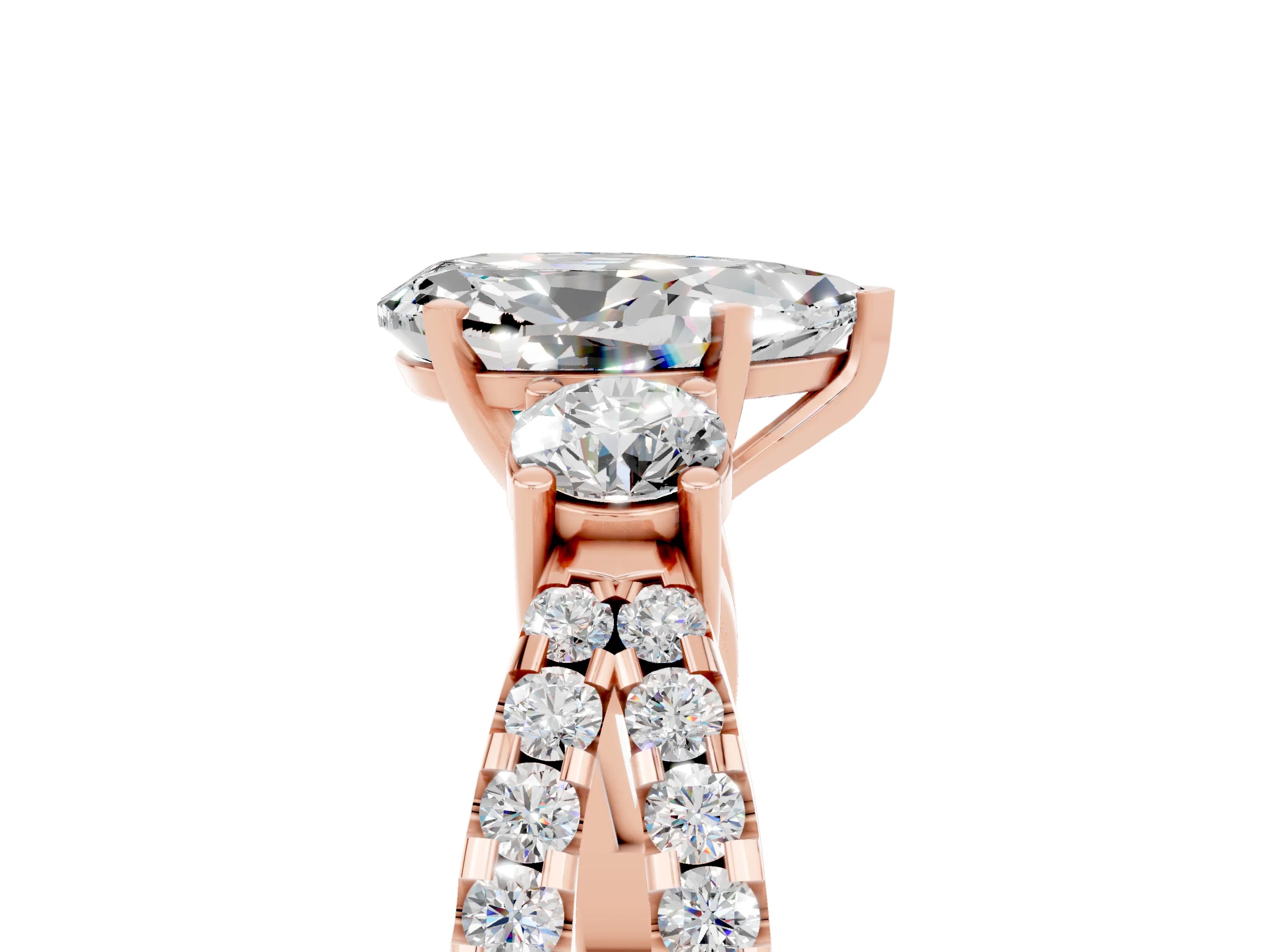 Rose gold Pear Cut Moissanite Three-Stone Ring with Pavé Split Shank and Four-Prong Setting_17