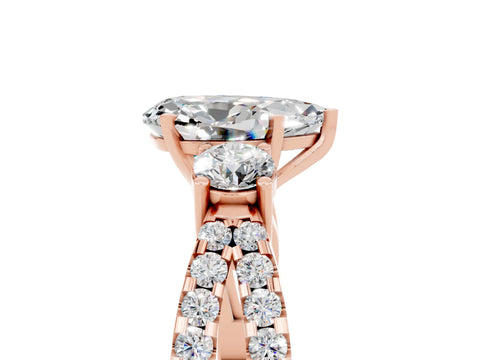 Rose gold Pear Cut Moissanite Three-Stone Ring with Pavé Split Shank and Four-Prong Setting_17