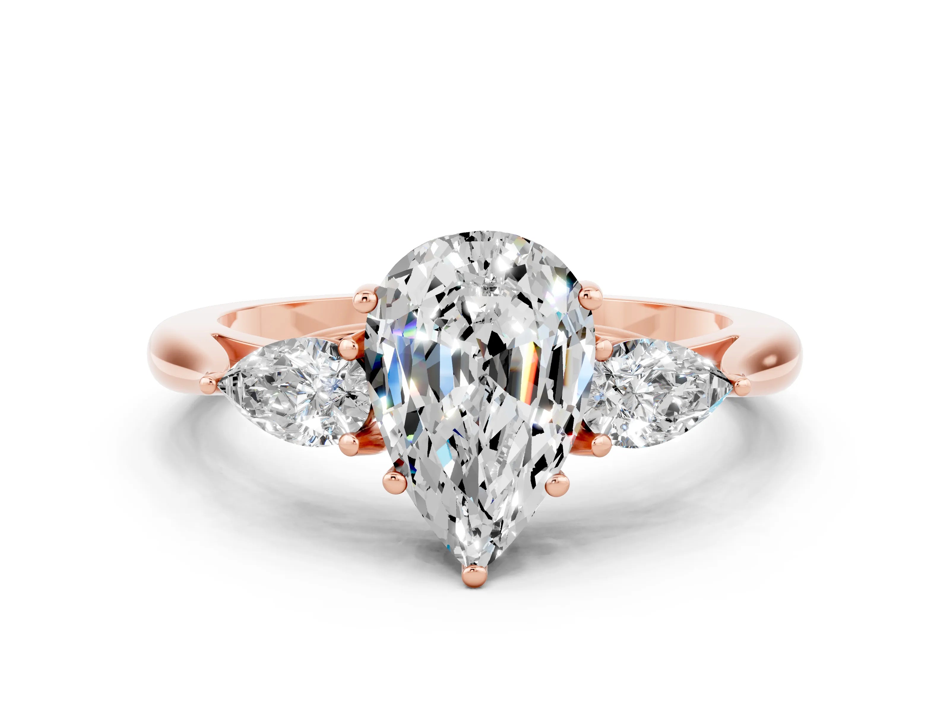 Rose gold Pear Cut Moissanite Three-Stone Ring with Pear Side Stones and Four-Prong Setting_12