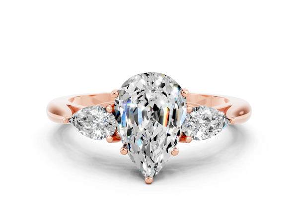 Rose gold Pear Cut Moissanite Three-Stone Ring with Pear  Side Stones and Prong Setting