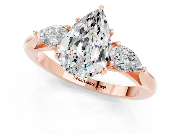 Rose gold Pear Cut Moissanite Three-Stone Ring with Pear  Side Stones and Prong Setting