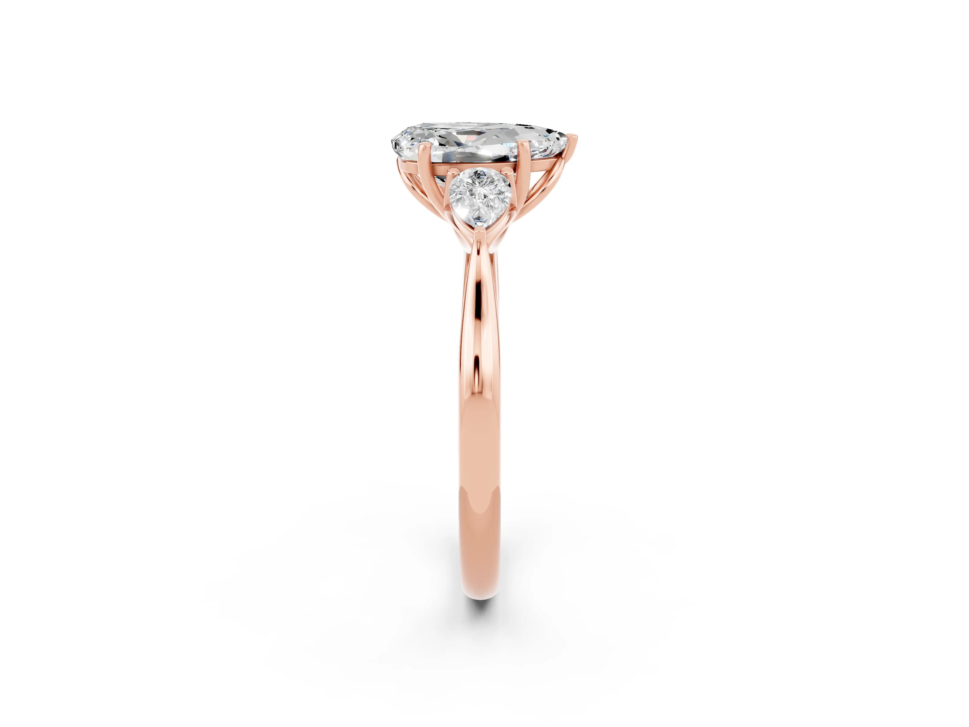 Rose gold Pear Cut Moissanite Three-Stone Ring with Pear Side Stones and Four-Prong Setting_14