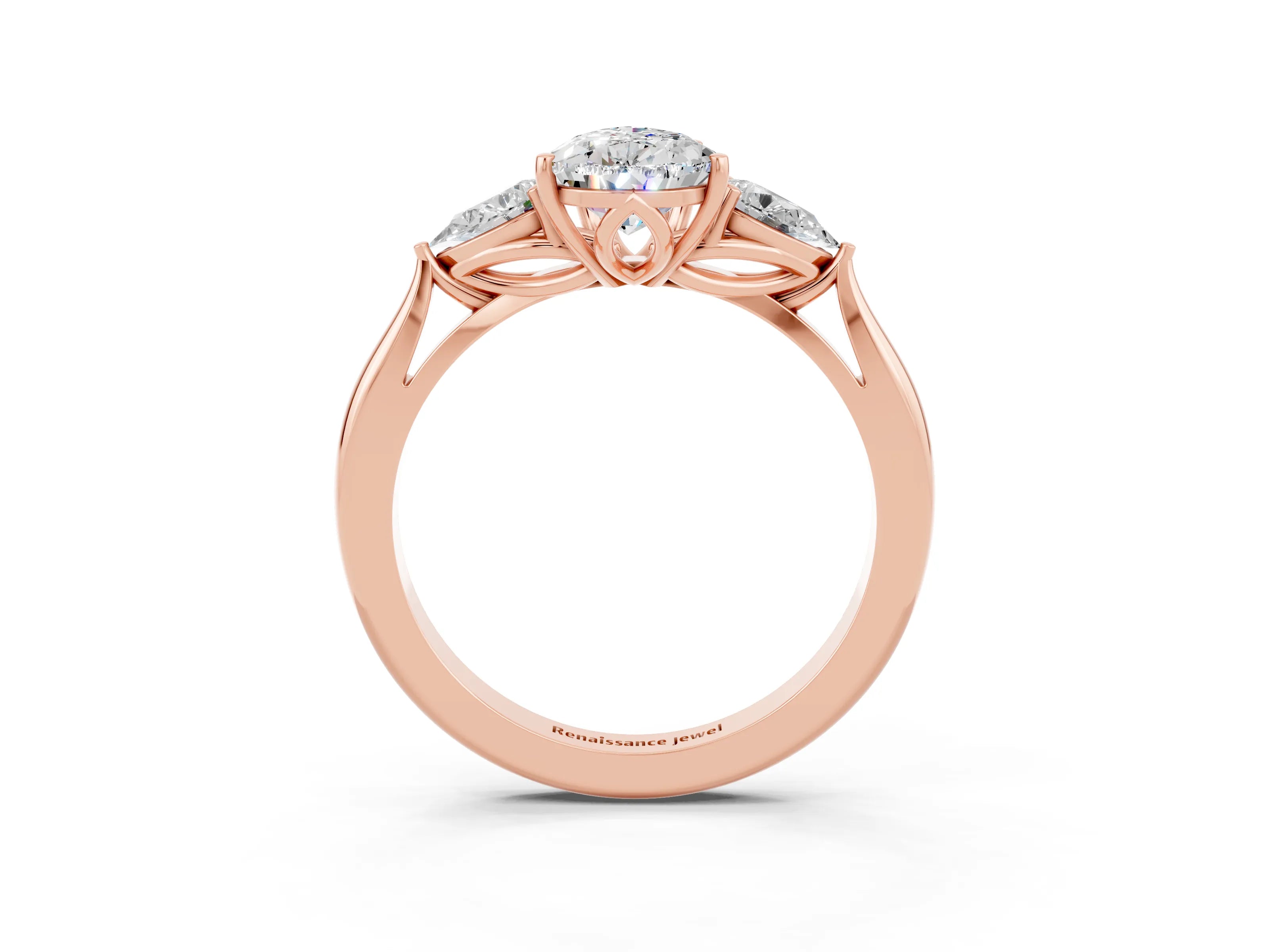 Rose gold Pear Cut Moissanite Three-Stone Ring with Pear Side Stones and Four-Prong Setting_15