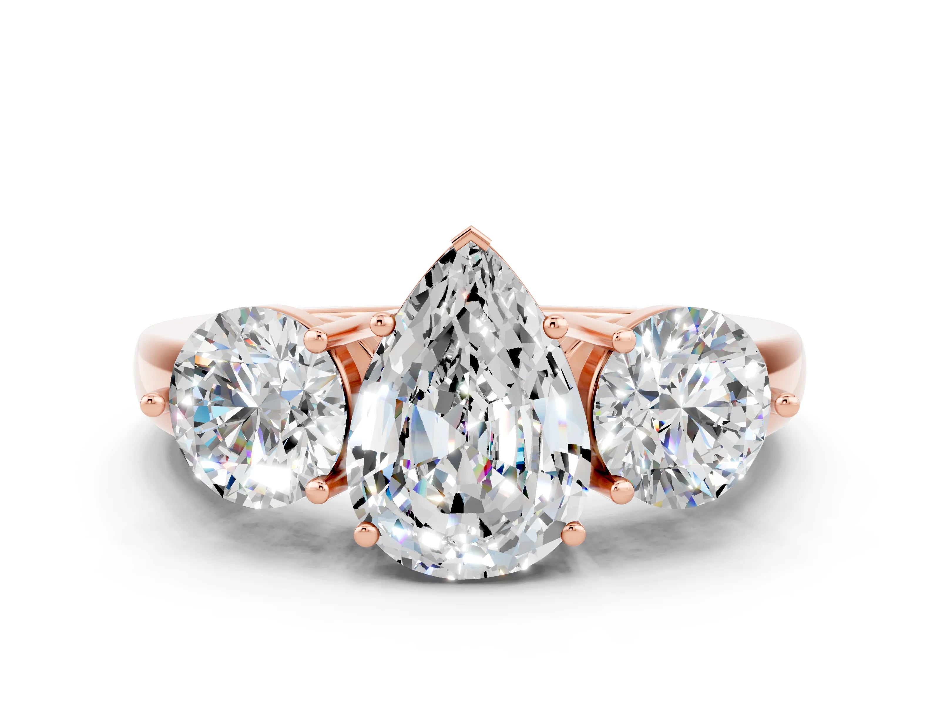 Rose gold Pear Cut Moissanite Three-Stone Ring with Prong Setting and Classic Band
