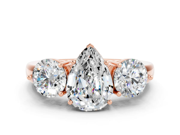 Rose gold Pear Cut Moissanite Three-Stone Ring with Prong Setting and Classic Band