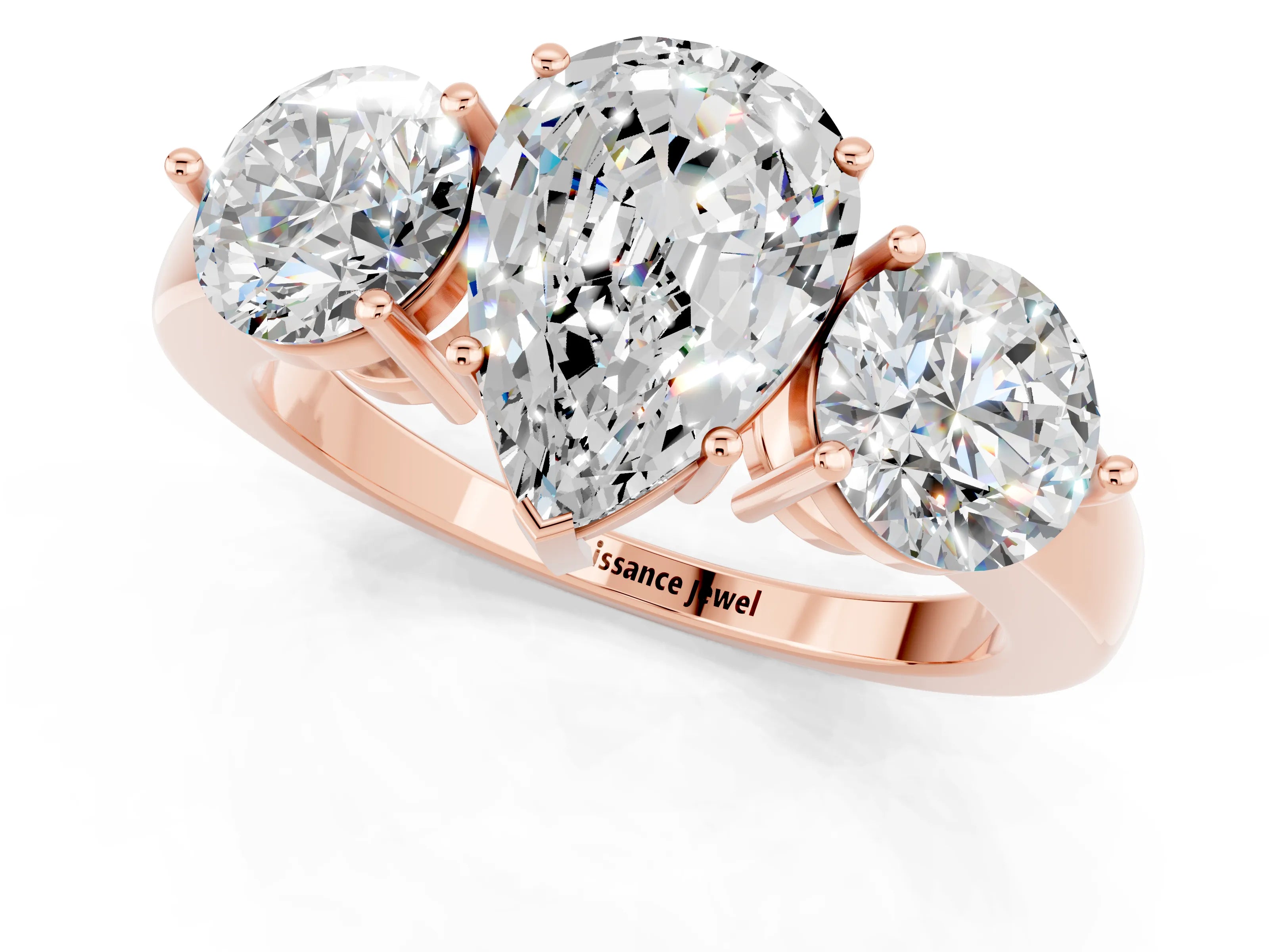Rose gold Pear Cut Moissanite Three-Stone Ring with Prong Setting and Classic Band_1