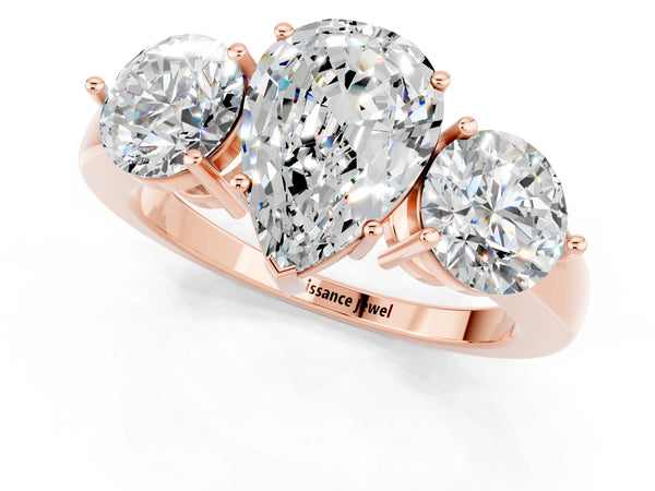 Rose gold Pear Cut Moissanite Three-Stone Ring with Prong Setting and Classic Band