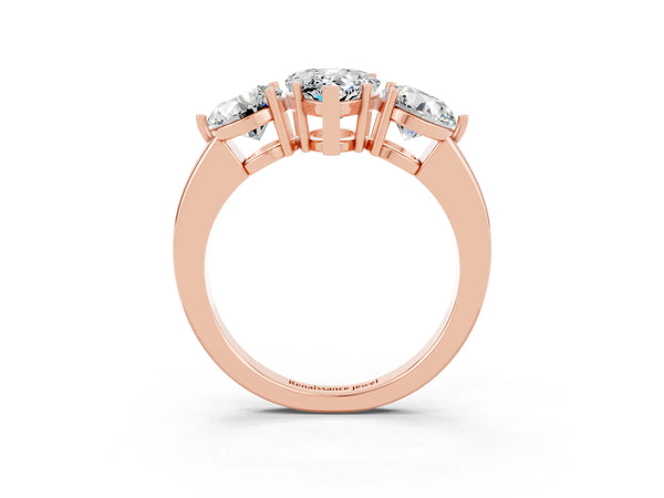 Rose gold Pear Cut Moissanite Three-Stone Ring with Prong Setting and Classic Band