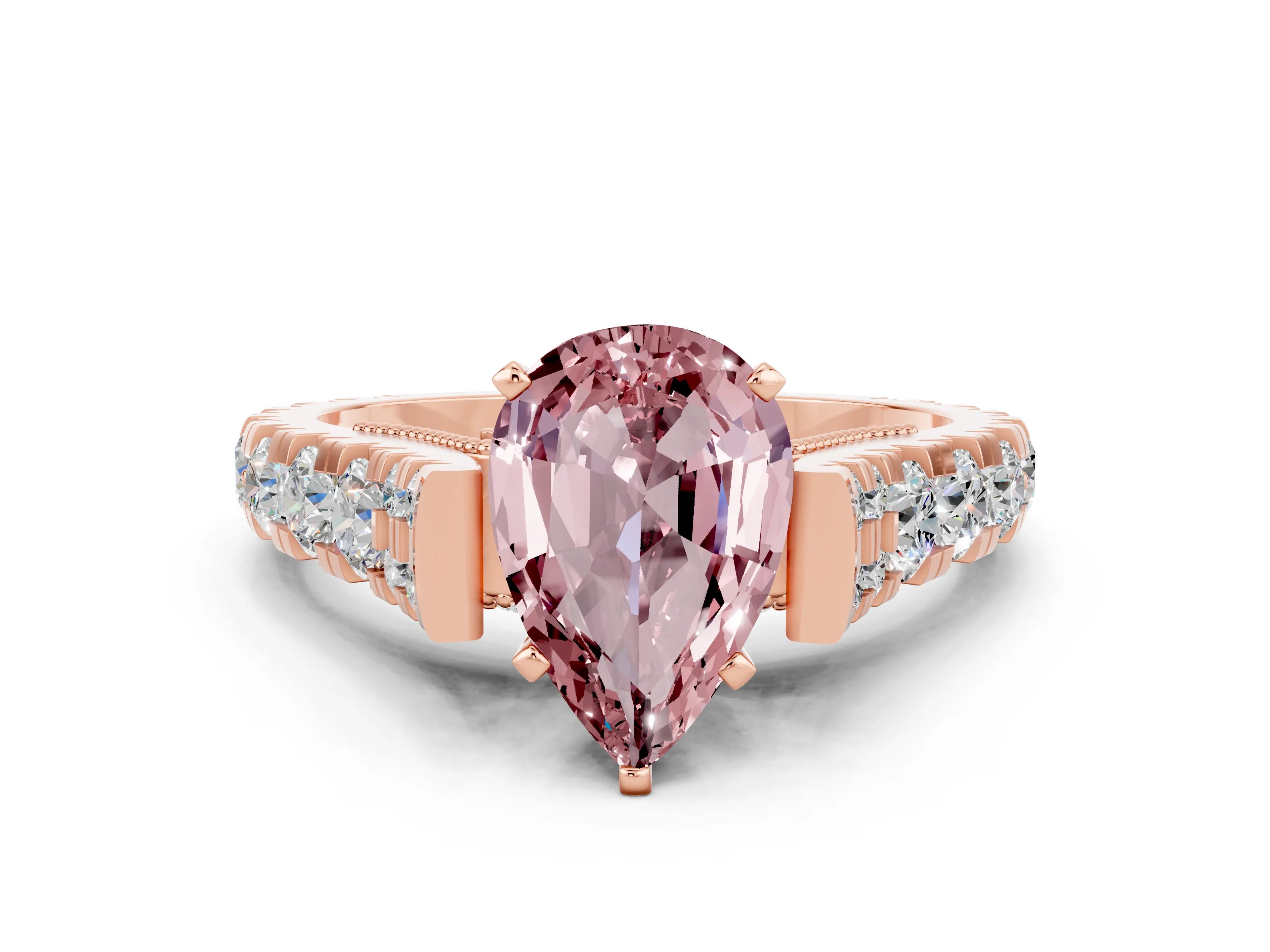 Rose gold Pear Cut Morganite Classic Solitaire Ring with Pavé Band and Four-Prong Setting