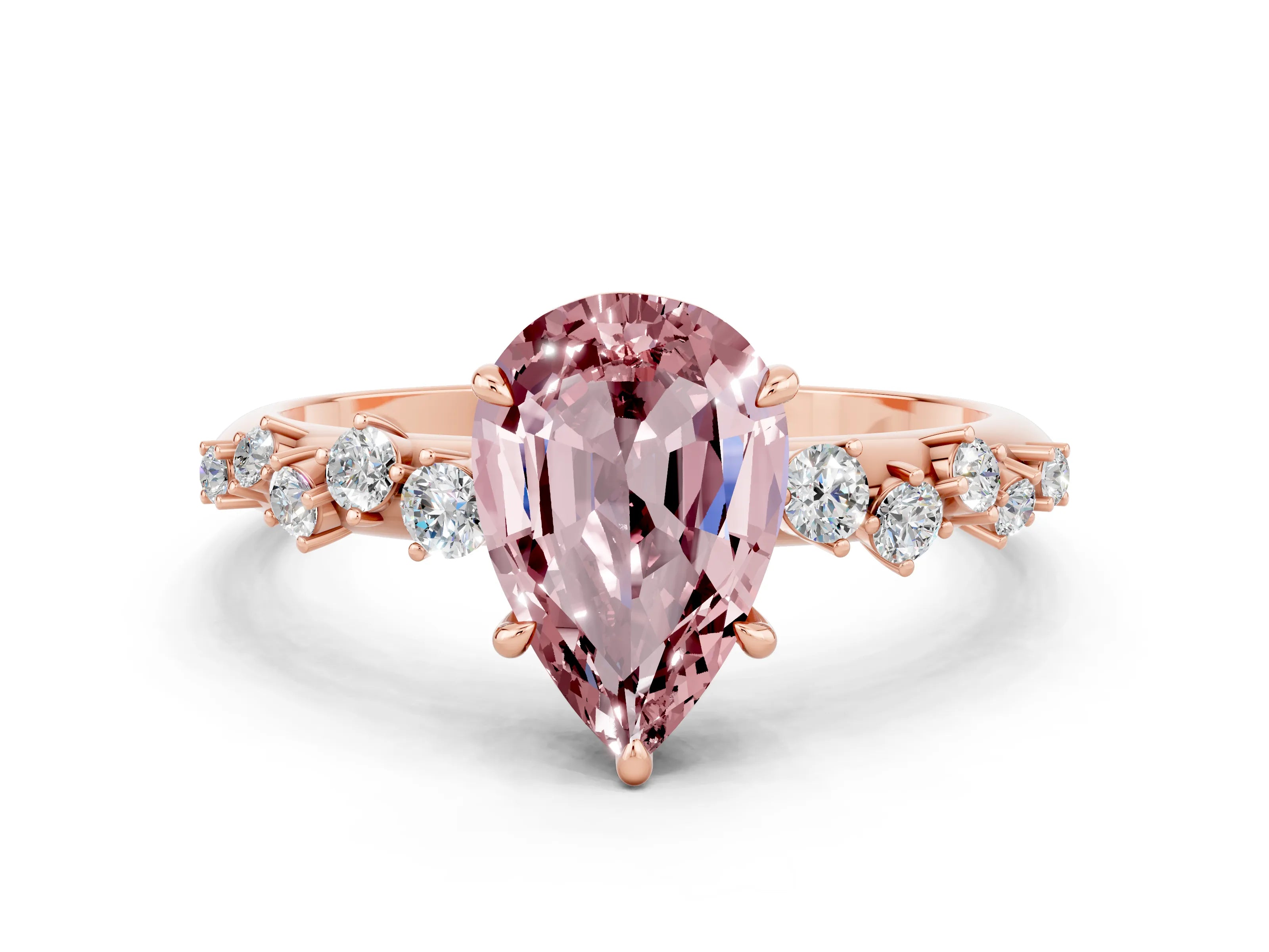 Rose gold Pear Cut Morganite Cluster Side Stone Solitaire Ring with Prong Setting_24
