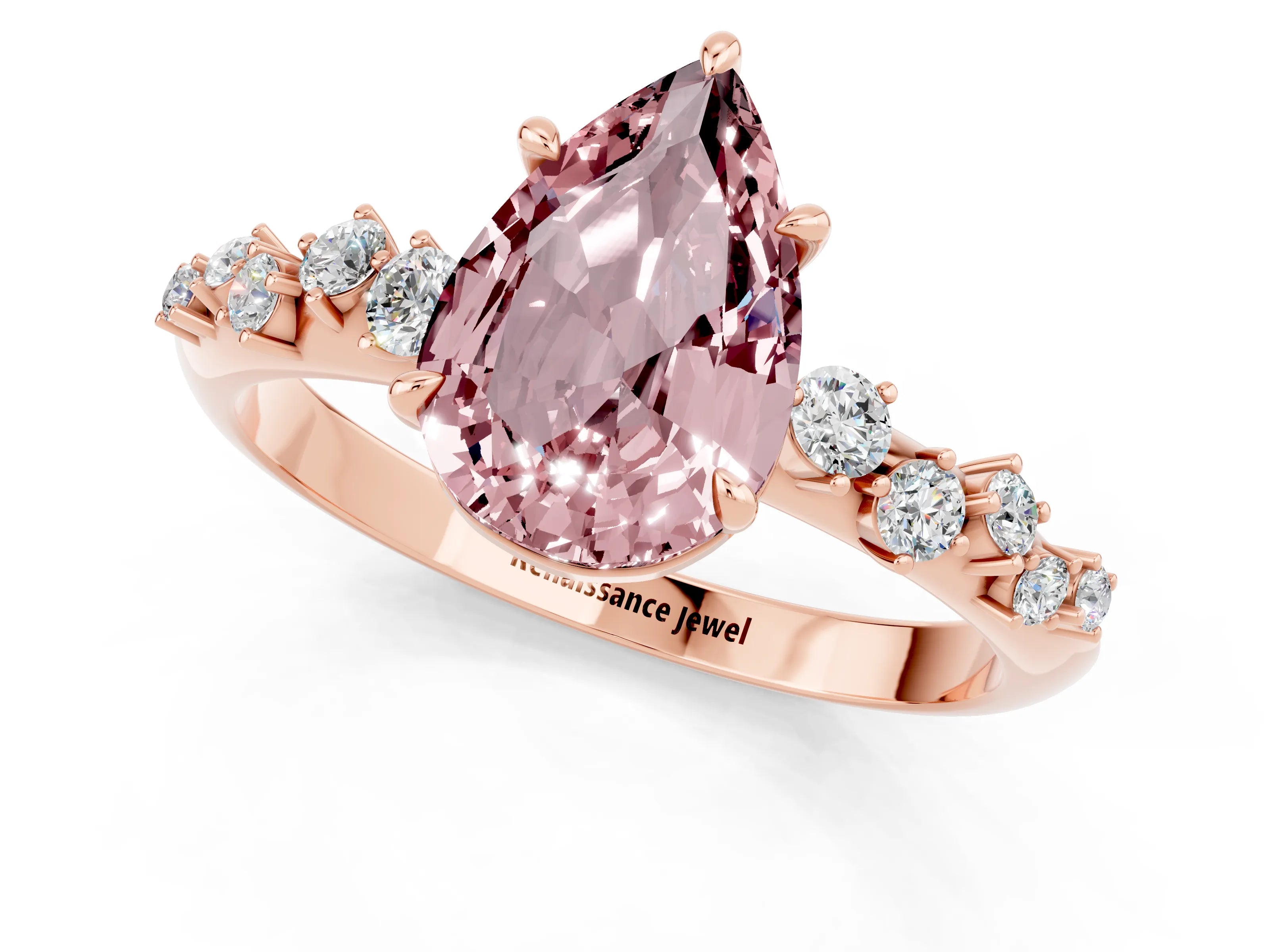 Rose gold Pear Cut Morganite Cluster Side Stone Solitaire Ring with Prong Setting_25