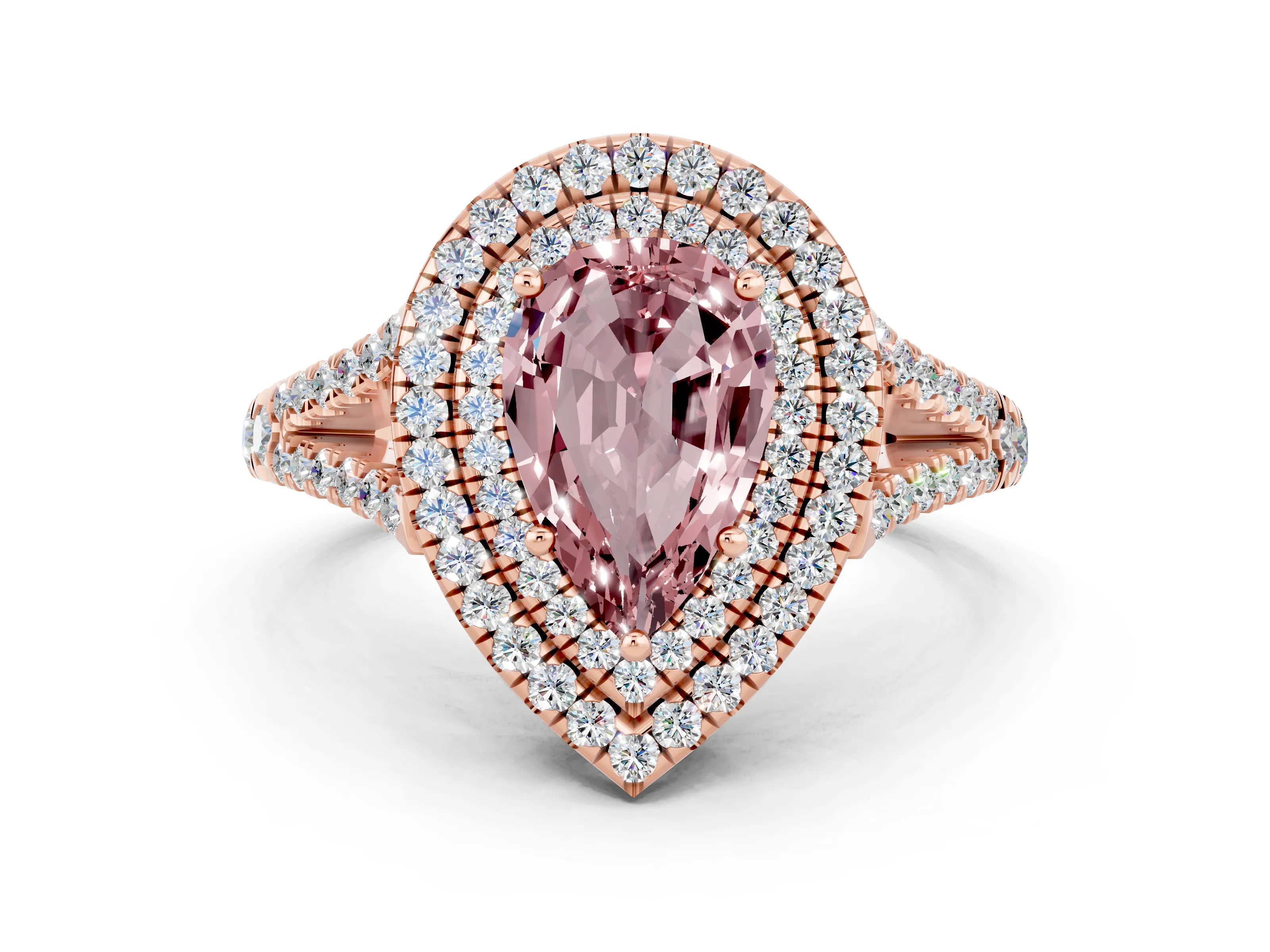 Rose gold Pear Cut Morganite Double Halo Ring with Pavé Band and Prong Setting_12