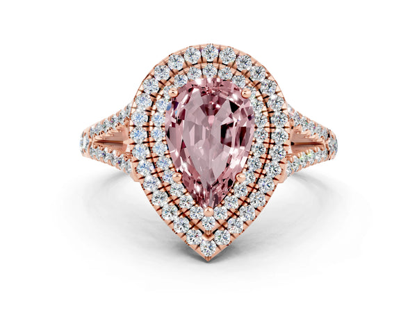Rose gold Pear Cut Morganite Double Halo Ring with Pavé Band and Prong Setting