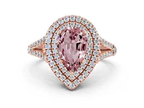 Rose gold Pear Cut Morganite Double Halo Ring with Pavé Band and Prong Setting_12