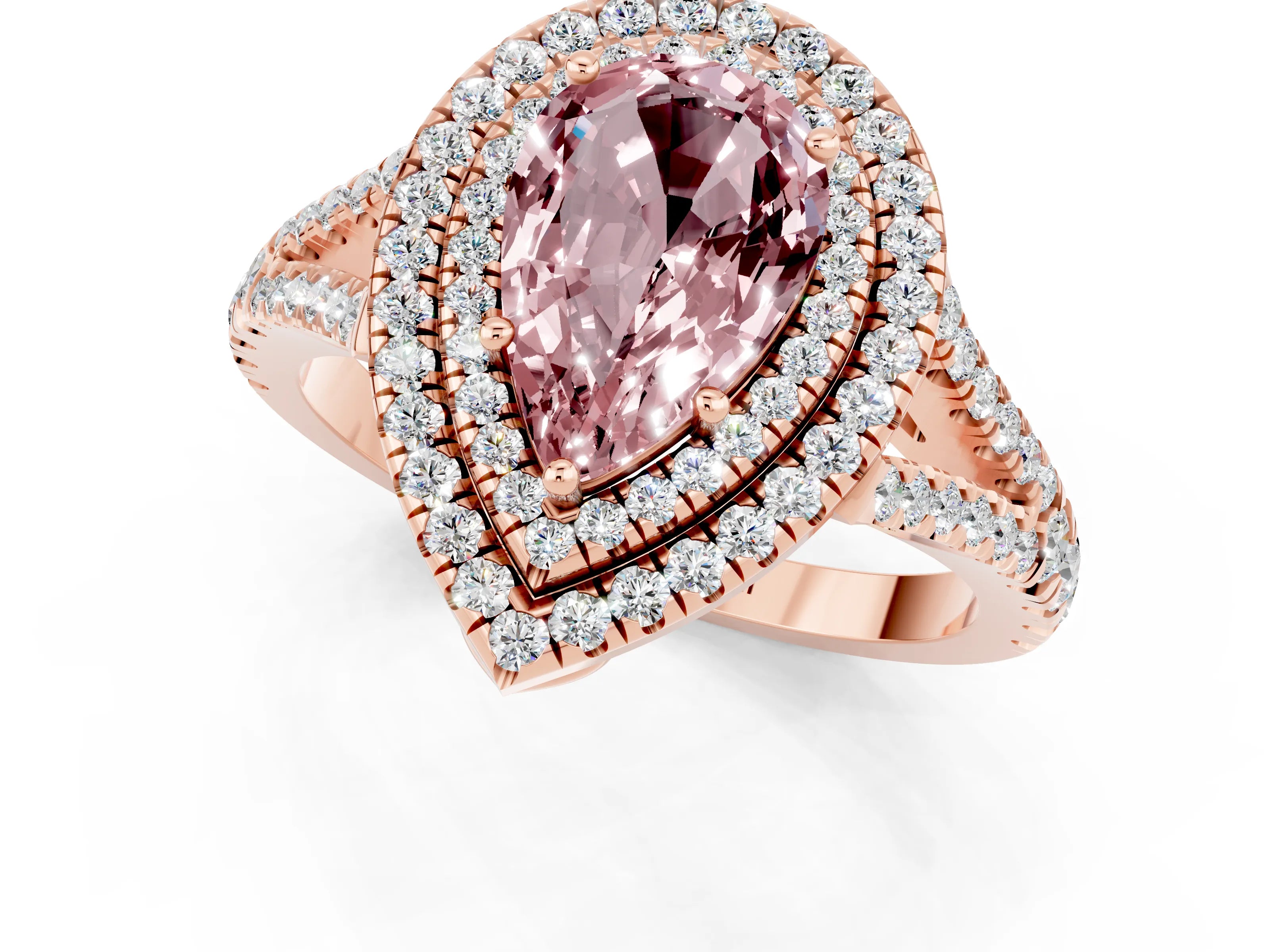 Rose gold Pear Cut Morganite Double Halo Ring with Pavé Band and Prong Setting_13