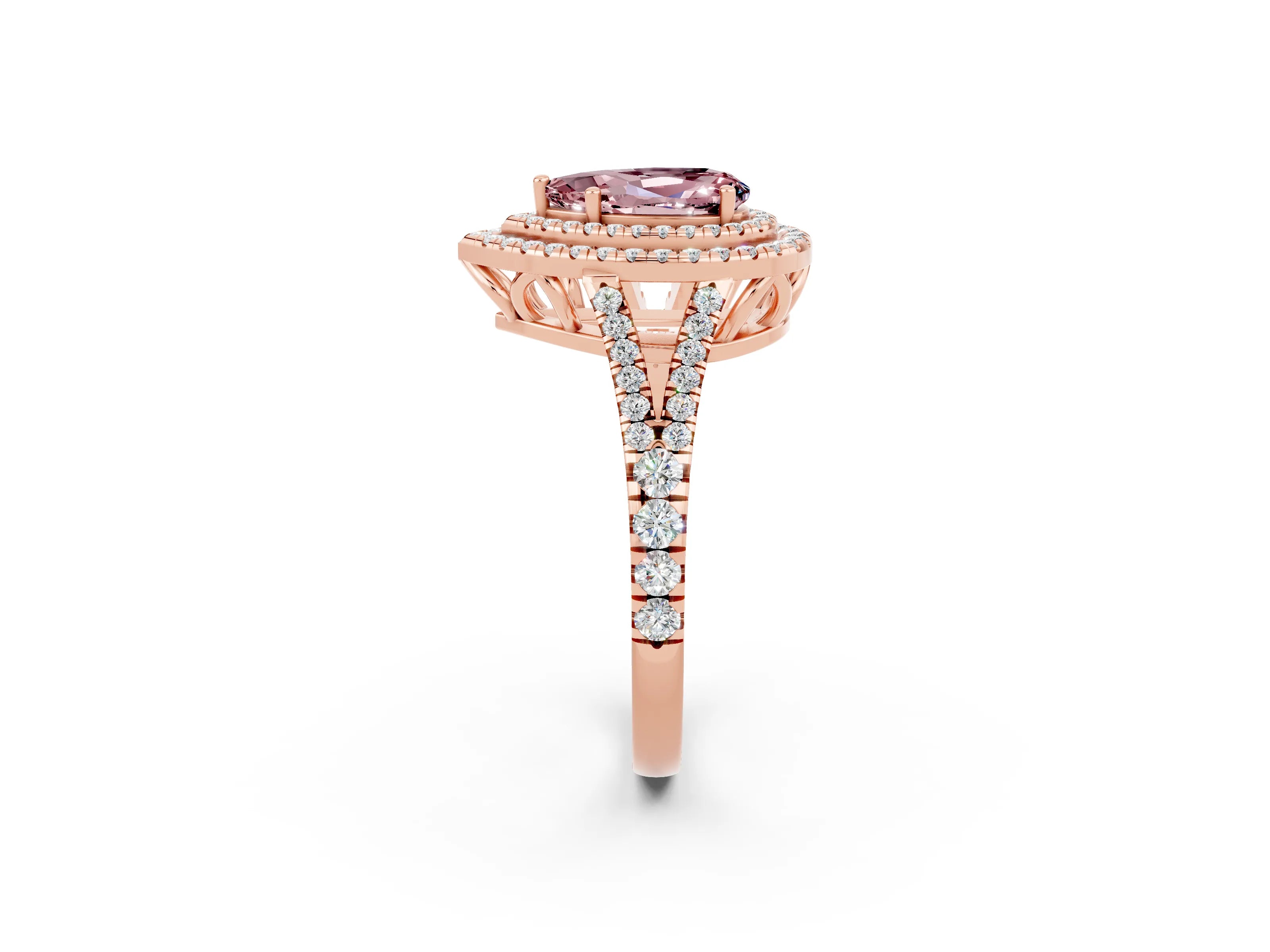 Rose gold Pear Cut Morganite Double Halo Ring with Pavé Band and Prong Setting_14