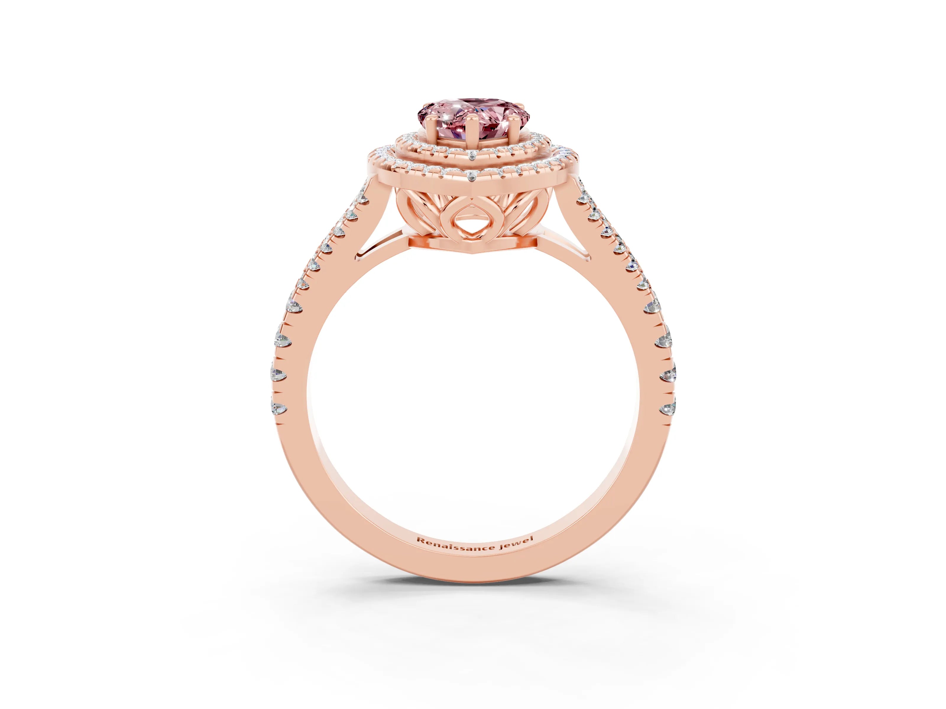 Rose gold Pear Cut Morganite Double Halo Ring with Pavé Band and Prong Setting_15
