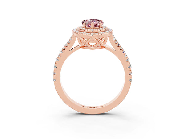 Rose gold Pear Cut Morganite Double Halo Ring with Pavé Band and Prong Setting