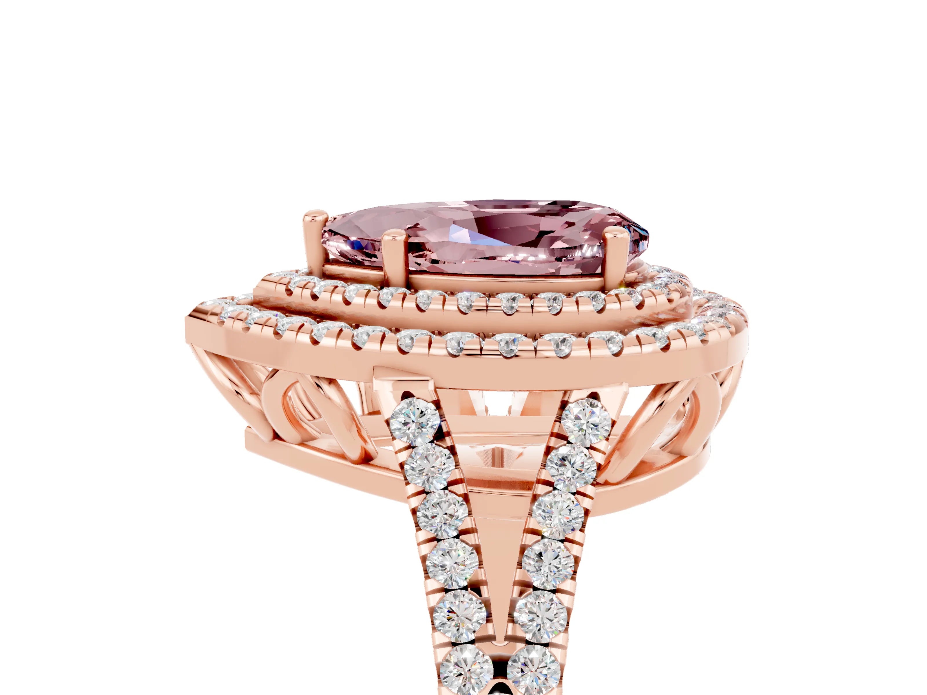 Rose gold Pear Cut Morganite Double Halo Ring with Pavé Band and Prong Setting_17
