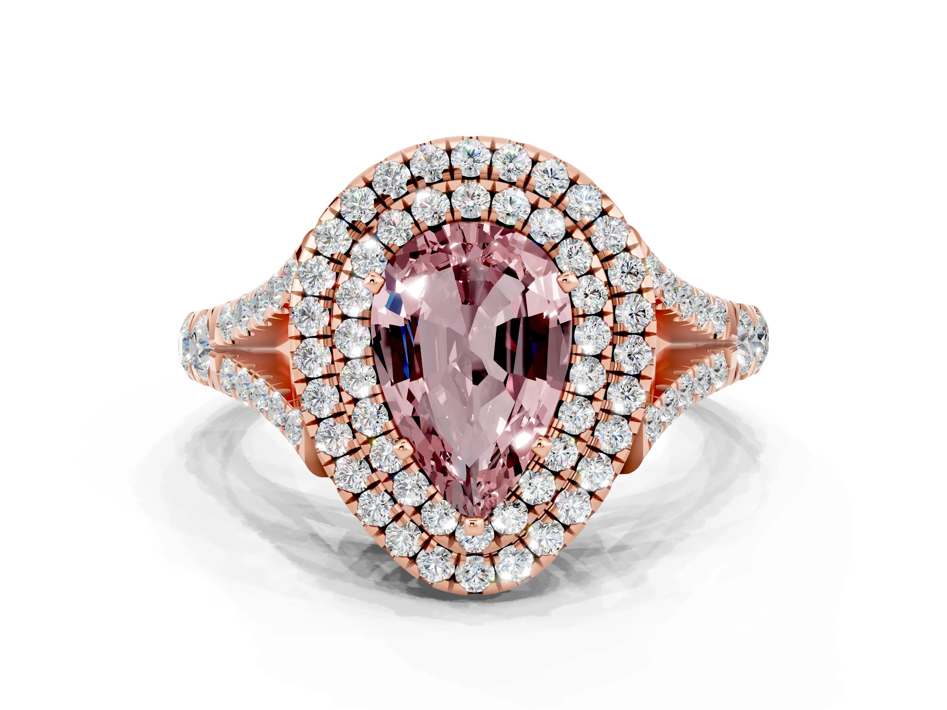 Rose gold Pear Cut Morganite Double Halo Ring with Split Shank and Prong Setting_12