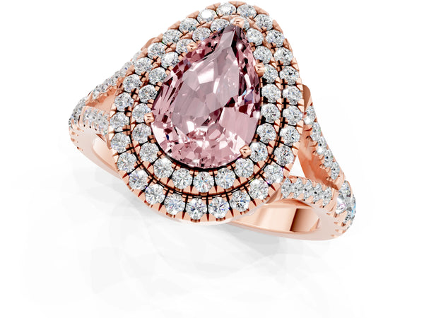 Rose gold Pear Cut Morganite Double Halo Ring with Split Shank and Prong Setting