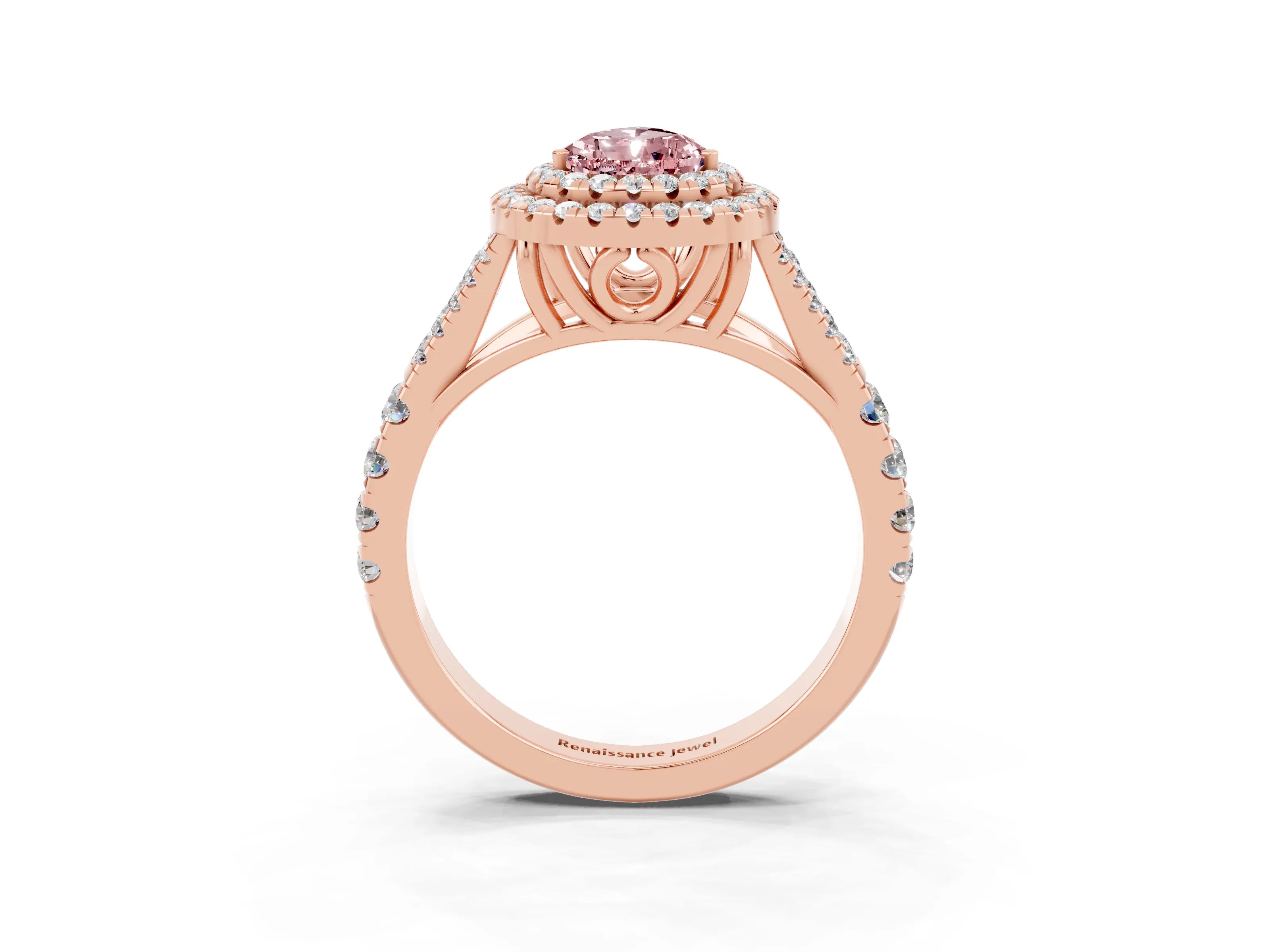 Rose gold Pear Cut Morganite Double Halo Ring with Split Shank and Prong Setting_15
